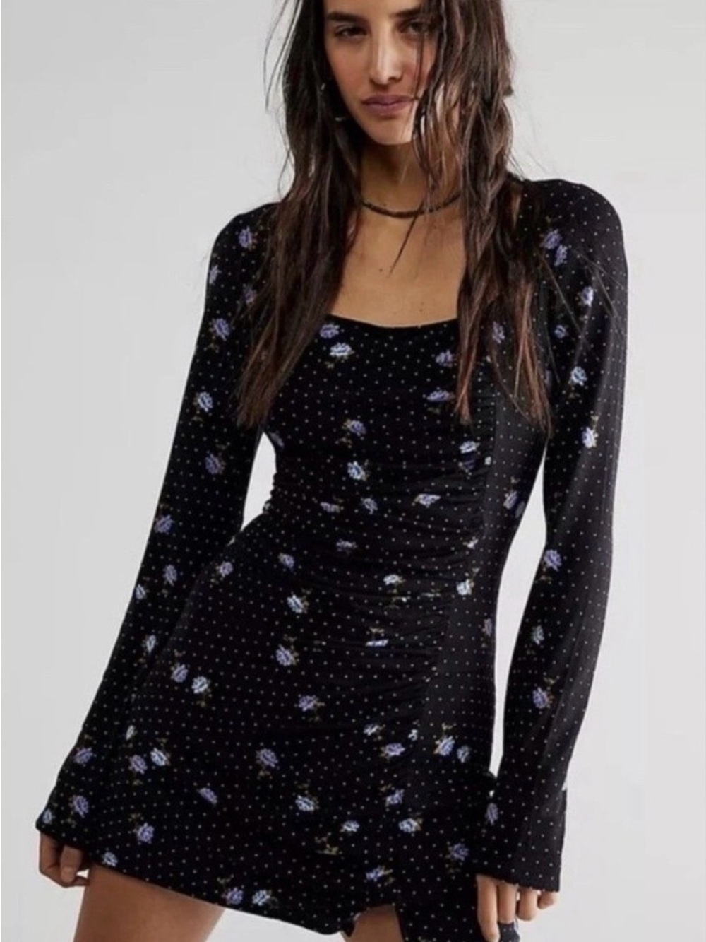 Free People Celia Floral Black Mini Dress